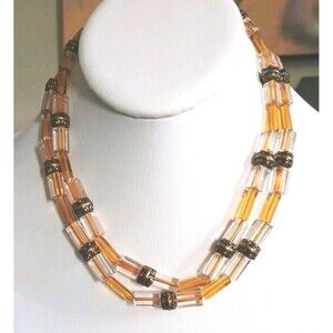 Kien Canadian Yellow Clear Glass Brass Beaded Double Strand Vintage Necklace